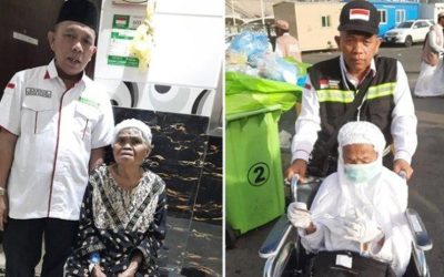 Indo Hanna, jemaah asal Bone, Sulawesi Selatan bersama petugas di Hotel